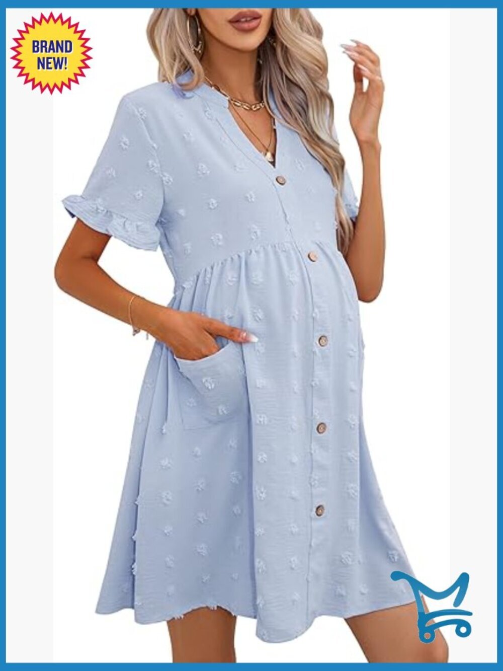 Maternity Swiss Dot Dress V-Neck Short Sleeve Button Down Mini Dress with